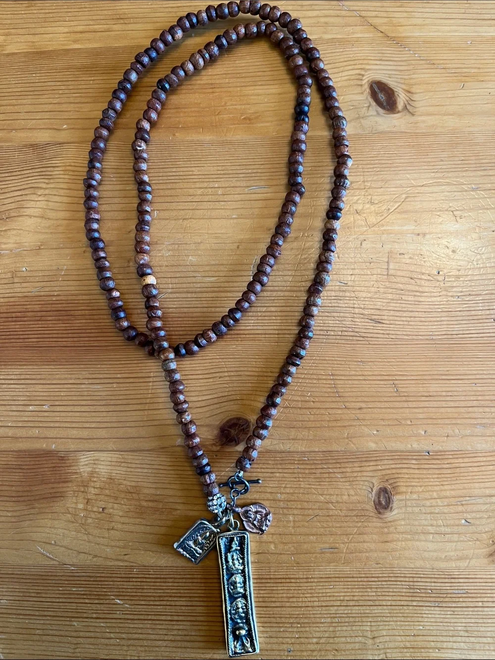 Stella and Dot Beaded Brown Wood Necklace with Buddha Charms 31 inches - Picture 1 of 2